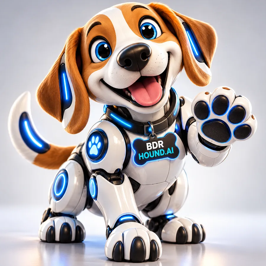 The BDR HOUND.AI mascot, a smiling robotic beagle raising one paw